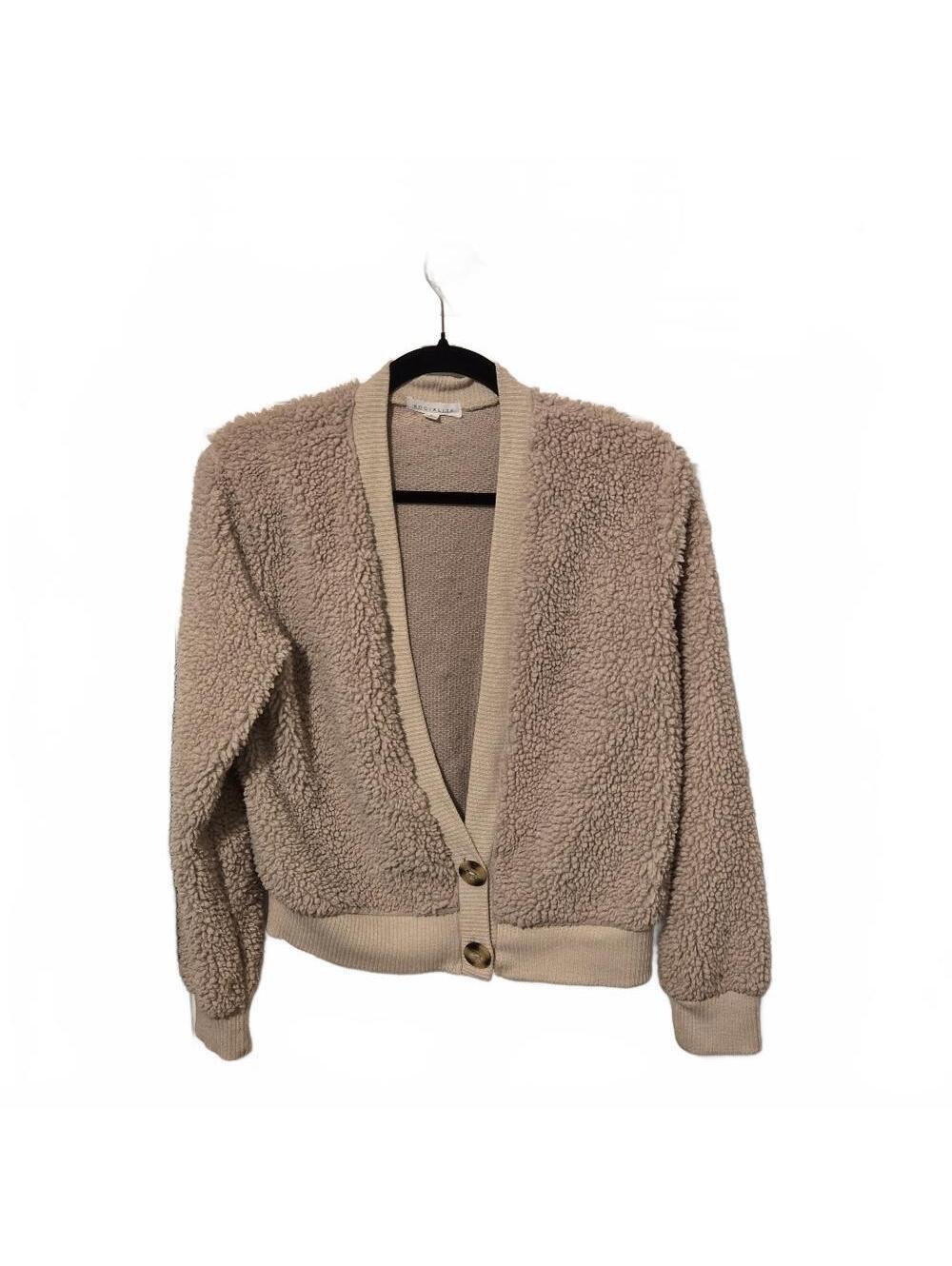 Socialite Sherpa Teddy Cardigan Beige Button Front Cozy Jacket | Small